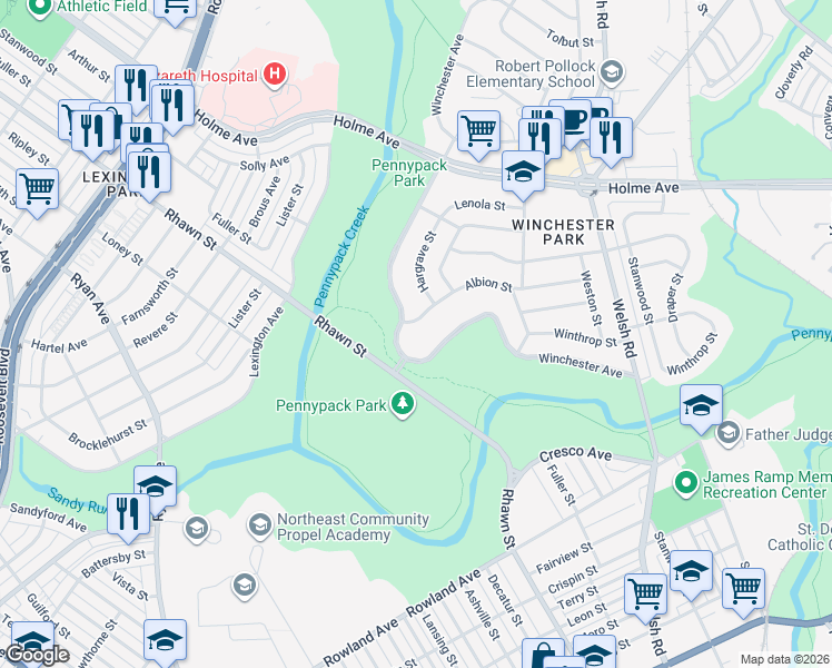 map of restaurants, bars, coffee shops, grocery stores, and more near 3013 Winchester Avenue in Philadelphia