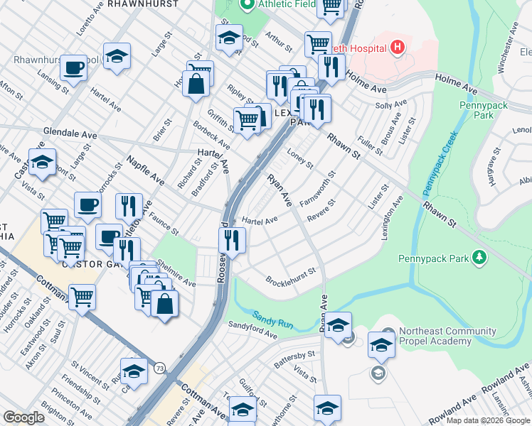 map of restaurants, bars, coffee shops, grocery stores, and more near 7707 Hartel Avenue in Philadelphia