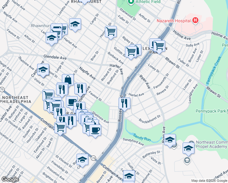 map of restaurants, bars, coffee shops, grocery stores, and more near 7623 Leonard Street in Philadelphia