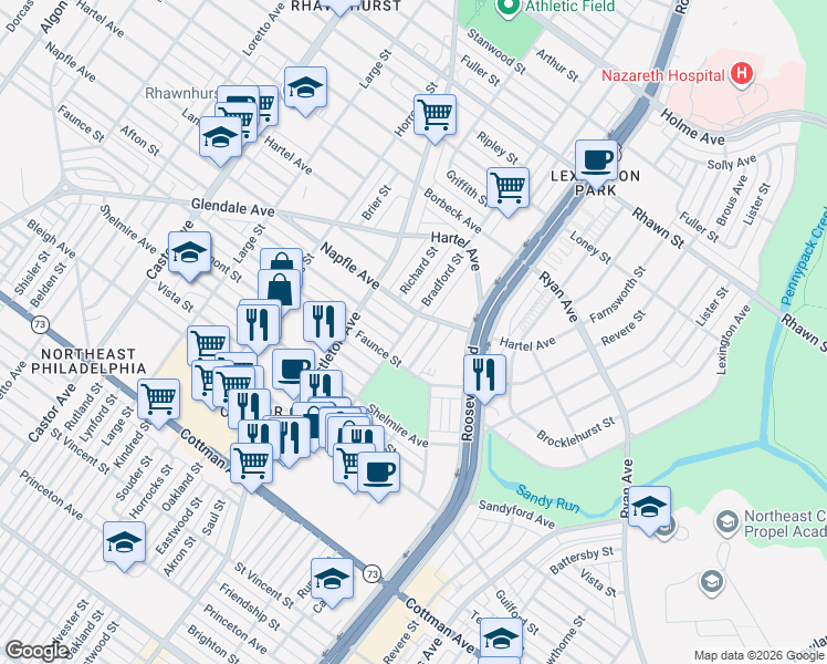 map of restaurants, bars, coffee shops, grocery stores, and more near 7605 Bradford Street in Philadelphia