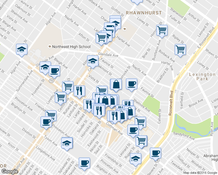 map of restaurants, bars, coffee shops, grocery stores, and more near 7400 Bustleton Avenue in Philadelphia
