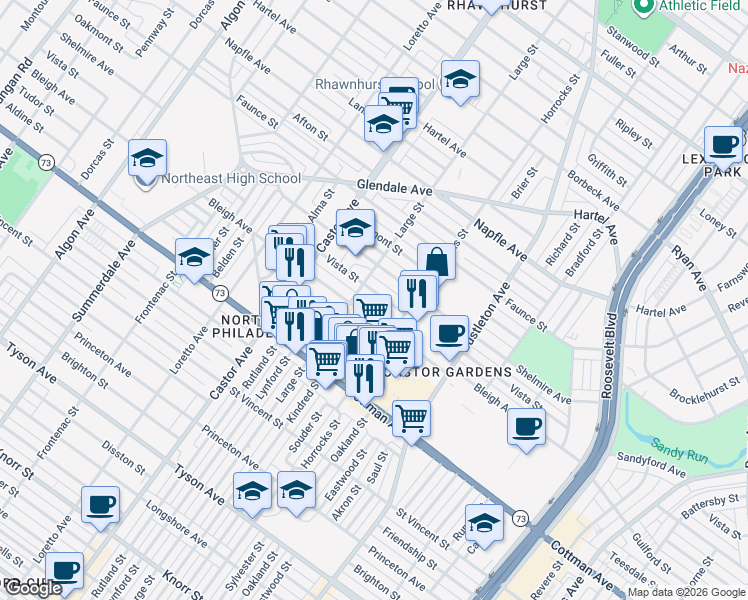 map of restaurants, bars, coffee shops, grocery stores, and more near 2119 Bleigh Avenue in Philadelphia