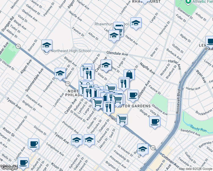map of restaurants, bars, coffee shops, grocery stores, and more near 2119 Bleigh Avenue in Philadelphia