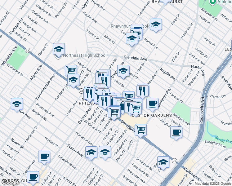 map of restaurants, bars, coffee shops, grocery stores, and more near 2046 Bleigh Avenue in Philadelphia