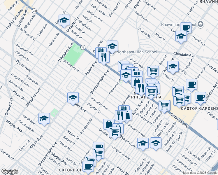 map of restaurants, bars, coffee shops, grocery stores, and more near 1234 Saint Vincent Street in Philadelphia