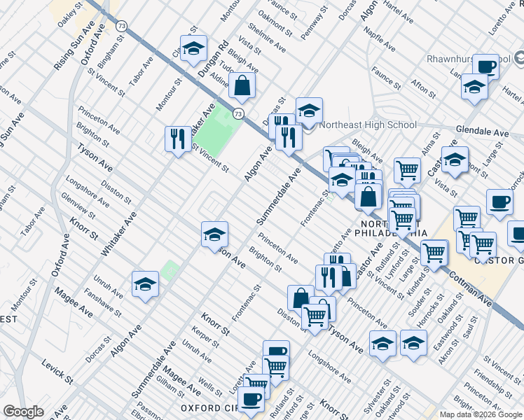 map of restaurants, bars, coffee shops, grocery stores, and more near 1216 Friendship Street in Philadelphia