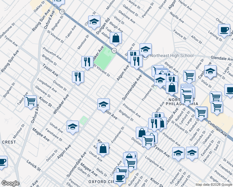 map of restaurants, bars, coffee shops, grocery stores, and more near 1131 Princeton Avenue in Philadelphia
