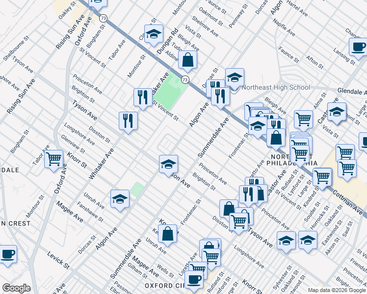 map of restaurants, bars, coffee shops, grocery stores, and more near 1131 Princeton Avenue in Philadelphia