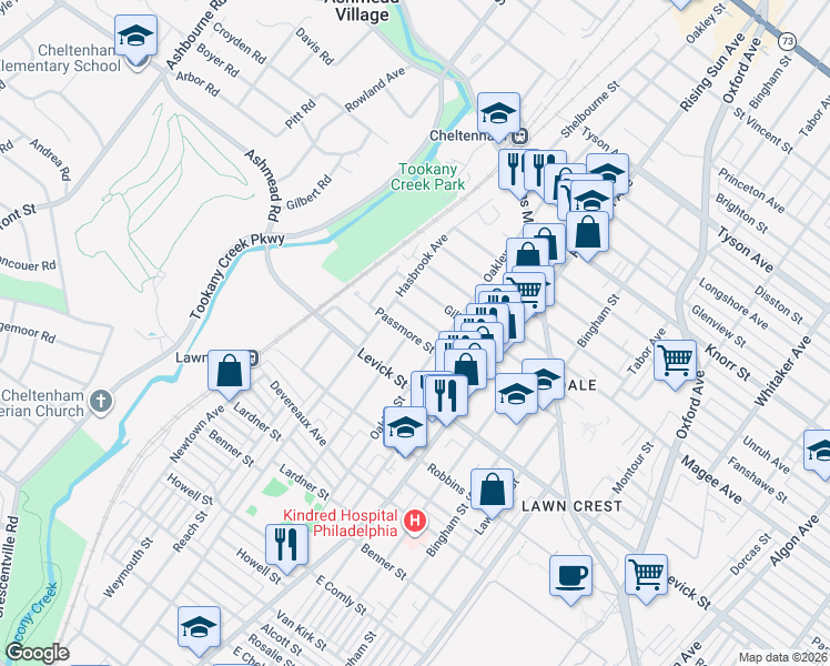 map of restaurants, bars, coffee shops, grocery stores, and more near 6427 Shelbourne Street in Philadelphia