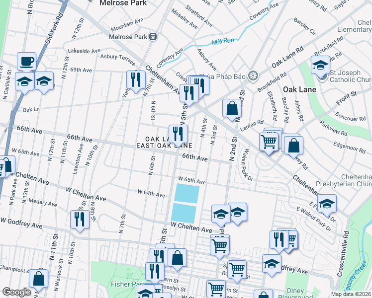 map of restaurants, bars, coffee shops, grocery stores, and more near 406 66th Avenue in Philadelphia