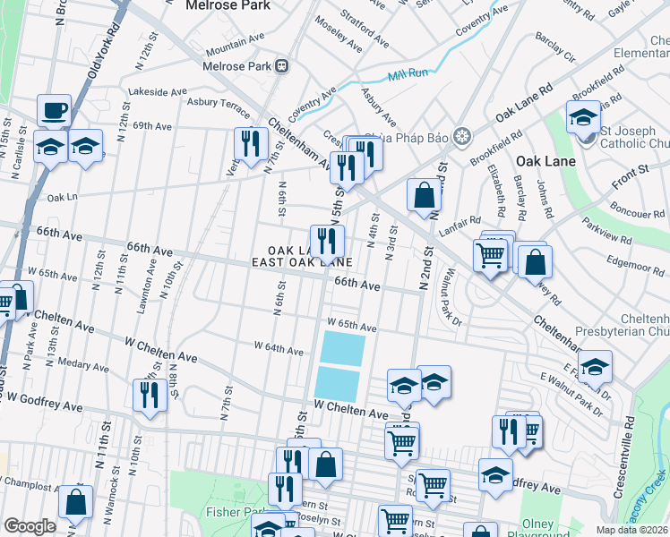 map of restaurants, bars, coffee shops, grocery stores, and more near 406 66th Avenue in Philadelphia