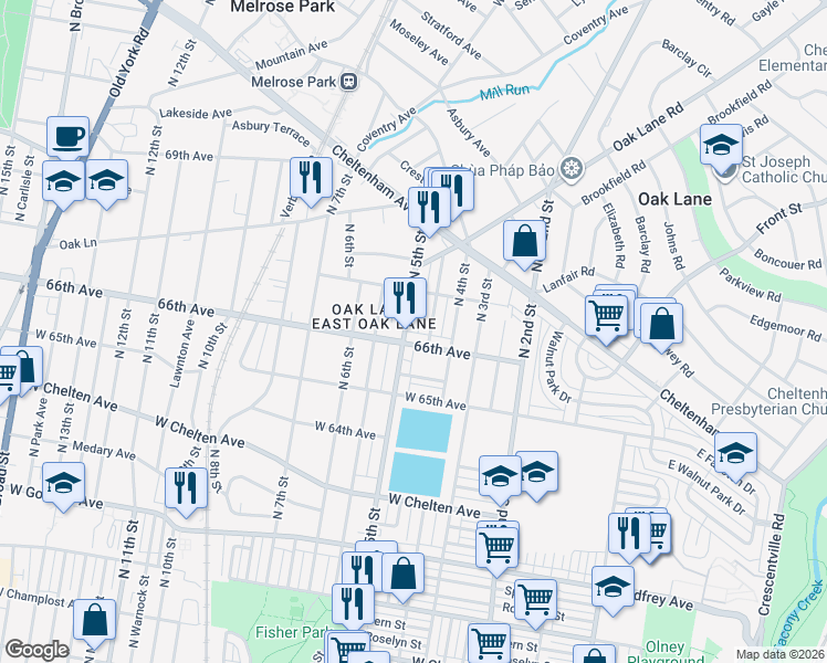 map of restaurants, bars, coffee shops, grocery stores, and more near 406 66th Avenue in Philadelphia