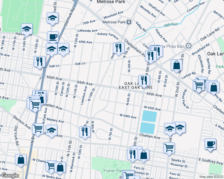 map of restaurants, bars, coffee shops, grocery stores, and more near 6509 North 8th Street in Philadelphia