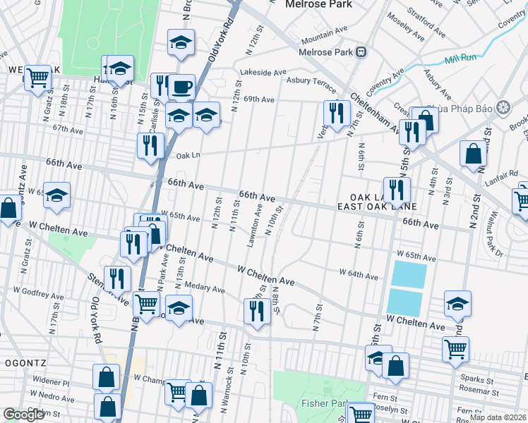 map of restaurants, bars, coffee shops, grocery stores, and more near 6506 North 10th Street in Philadelphia