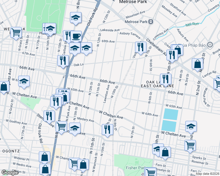 map of restaurants, bars, coffee shops, grocery stores, and more near 6506 North 10th Street in Philadelphia