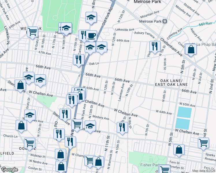 map of restaurants, bars, coffee shops, grocery stores, and more near 6455 North 12th Street in Philadelphia