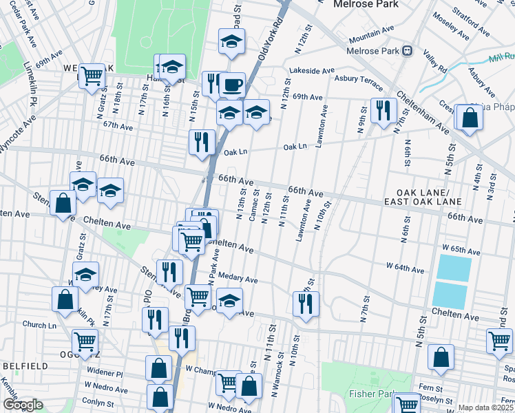 map of restaurants, bars, coffee shops, grocery stores, and more near 6455 North 12th Street in Philadelphia