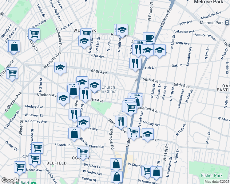 map of restaurants, bars, coffee shops, grocery stores, and more near 6418 North 16th Street in Philadelphia