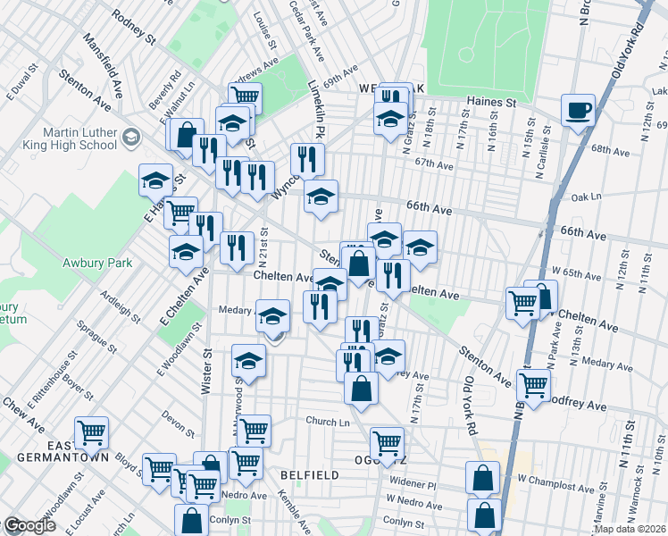 map of restaurants, bars, coffee shops, grocery stores, and more near 1940 West Chelten Avenue in Philadelphia