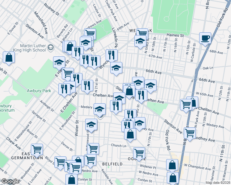 map of restaurants, bars, coffee shops, grocery stores, and more near 2000 Chelten Avenue in Philadelphia