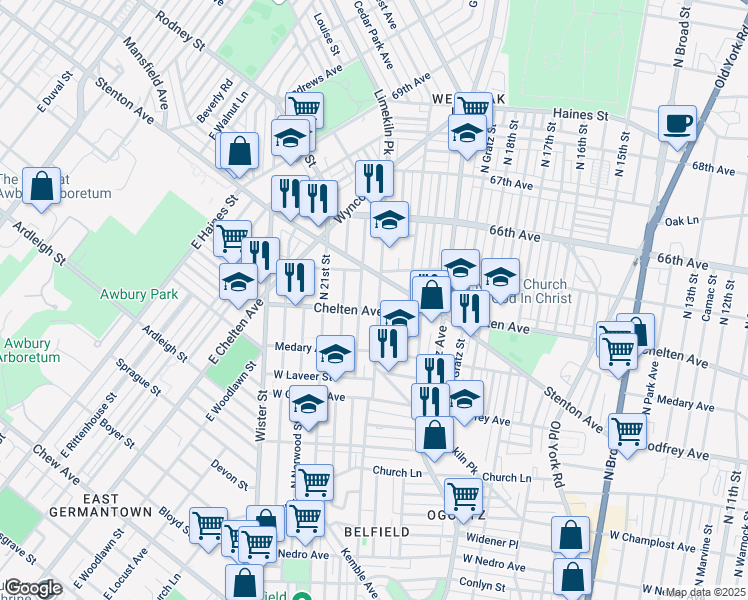 map of restaurants, bars, coffee shops, grocery stores, and more near 2000 Chelten Avenue in Philadelphia