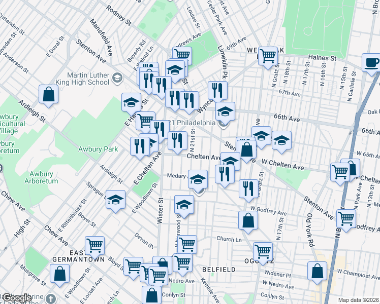 map of restaurants, bars, coffee shops, grocery stores, and more near 6337 North Norwood Street in Philadelphia
