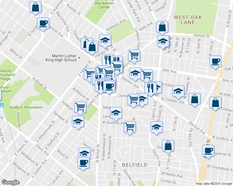 map of restaurants, bars, coffee shops, grocery stores, and more near 6337 North Norwood Street in Philadelphia