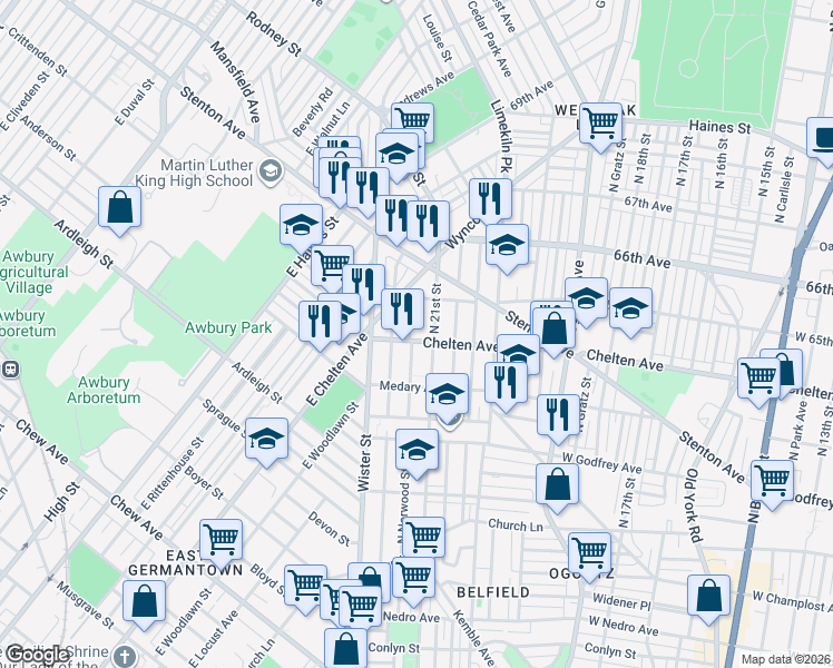 map of restaurants, bars, coffee shops, grocery stores, and more near 6337 North Norwood Street in Philadelphia