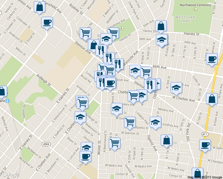 map of restaurants, bars, coffee shops, grocery stores, and more near 6337 North Norwood Street in Philadelphia