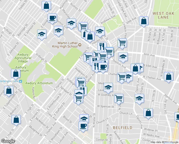 map of restaurants, bars, coffee shops, grocery stores, and more near 1215 East Chelten Avenue in Philadelphia