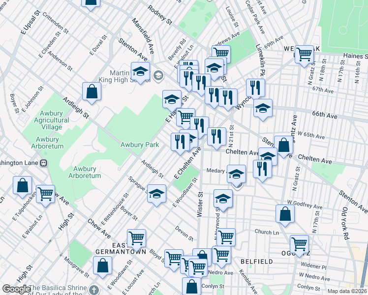 map of restaurants, bars, coffee shops, grocery stores, and more near 1215 East Chelten Avenue in Philadelphia
