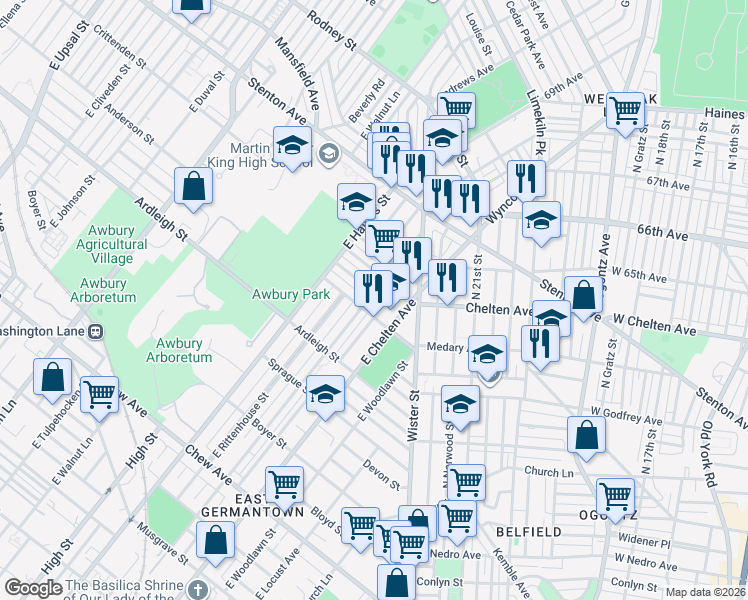 map of restaurants, bars, coffee shops, grocery stores, and more near 1215 East Chelten Avenue in Philadelphia
