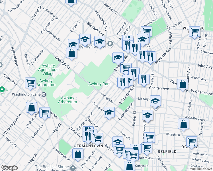 map of restaurants, bars, coffee shops, grocery stores, and more near 1121 East Rittenhouse Street in Philadelphia