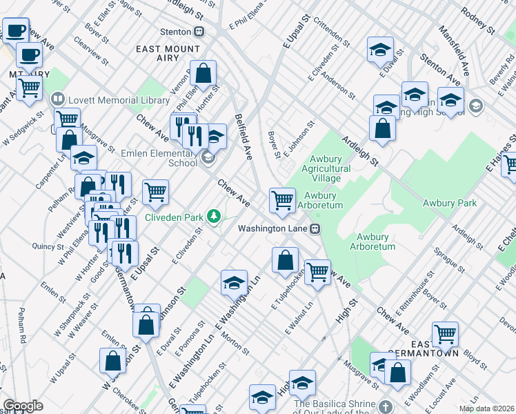 map of restaurants, bars, coffee shops, grocery stores, and more near 535 Brinton Street in Philadelphia