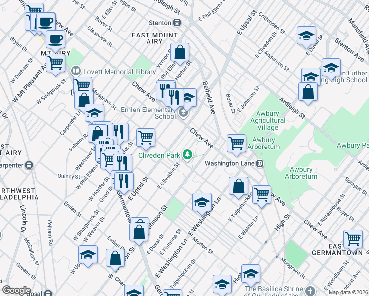 map of restaurants, bars, coffee shops, grocery stores, and more near 305 East Cliveden Street in Philadelphia