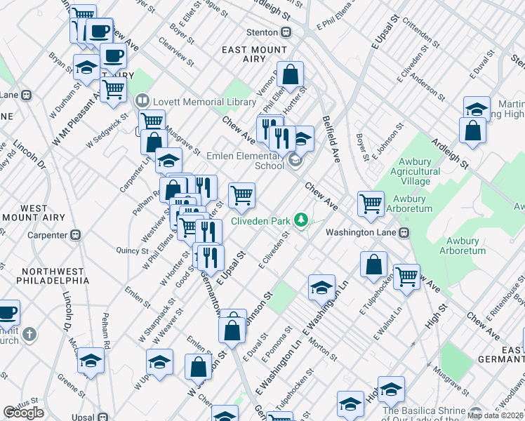 map of restaurants, bars, coffee shops, grocery stores, and more near 6492 Lensen Street in Philadelphia