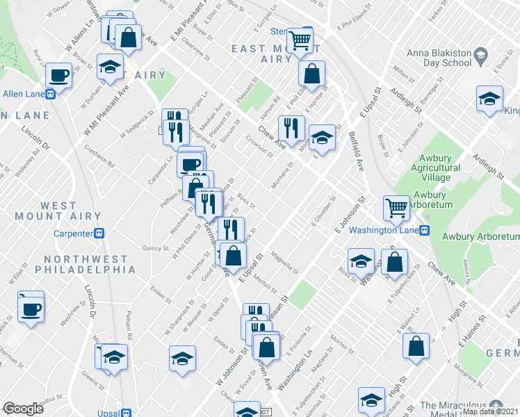 map of restaurants, bars, coffee shops, grocery stores, and more near 140 East Sharpnack Street in Philadelphia