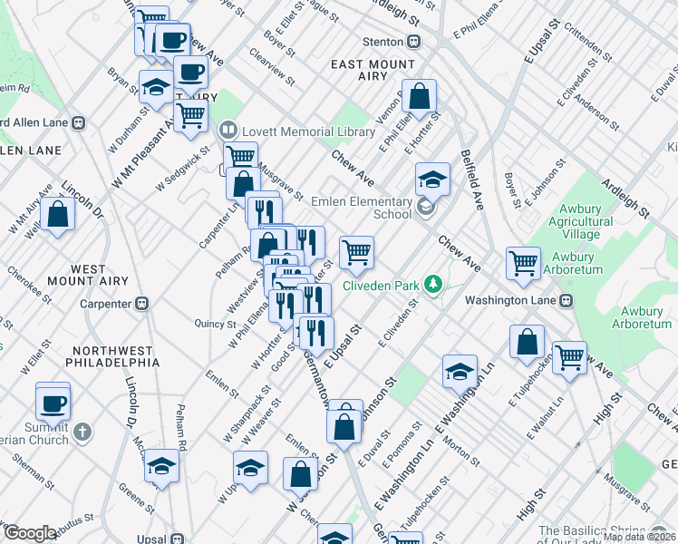 map of restaurants, bars, coffee shops, grocery stores, and more near 79 Montana Street in Philadelphia