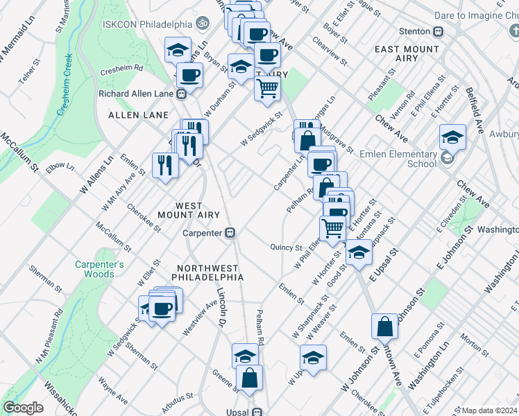 map of restaurants, bars, coffee shops, grocery stores, and more near 160 Carpenter Lane in Philadelphia