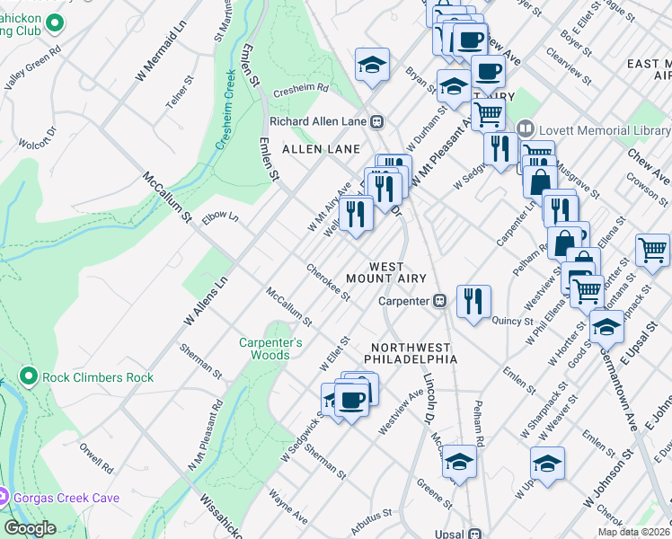 map of restaurants, bars, coffee shops, grocery stores, and more near 450 West Mount Pleasant Avenue in Philadelphia
