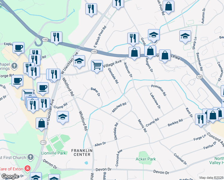 map of restaurants, bars, coffee shops, grocery stores, and more near 405 Village Walk in Exton