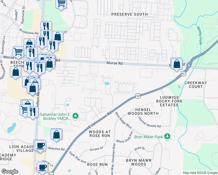 map of restaurants, bars, coffee shops, grocery stores, and more near 1212 Amberlea Drive West in Gahanna