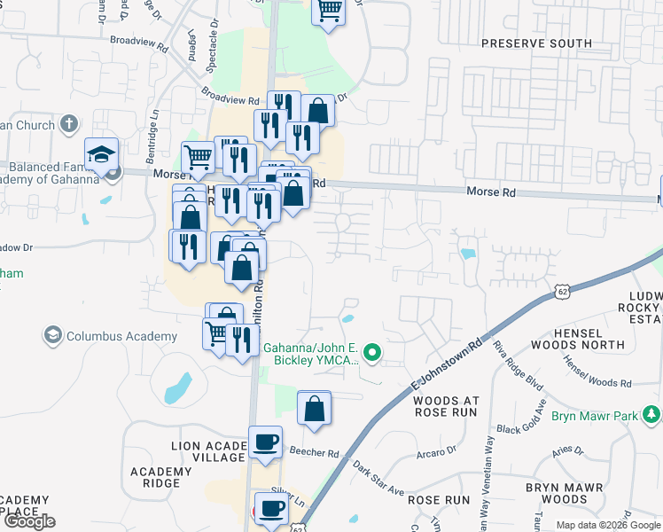 map of restaurants, bars, coffee shops, grocery stores, and more near 1223 Sanctuary Place in Gahanna