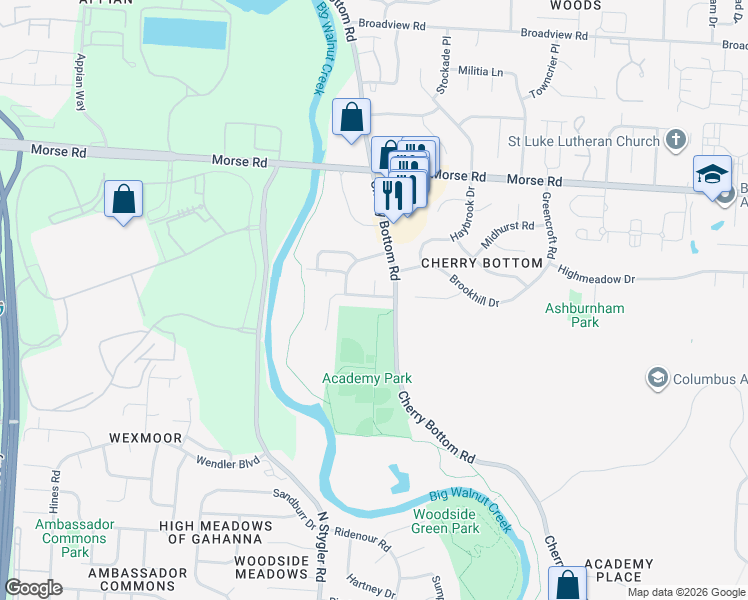 map of restaurants, bars, coffee shops, grocery stores, and more near 1201 Cherry Bottom Road in Gahanna