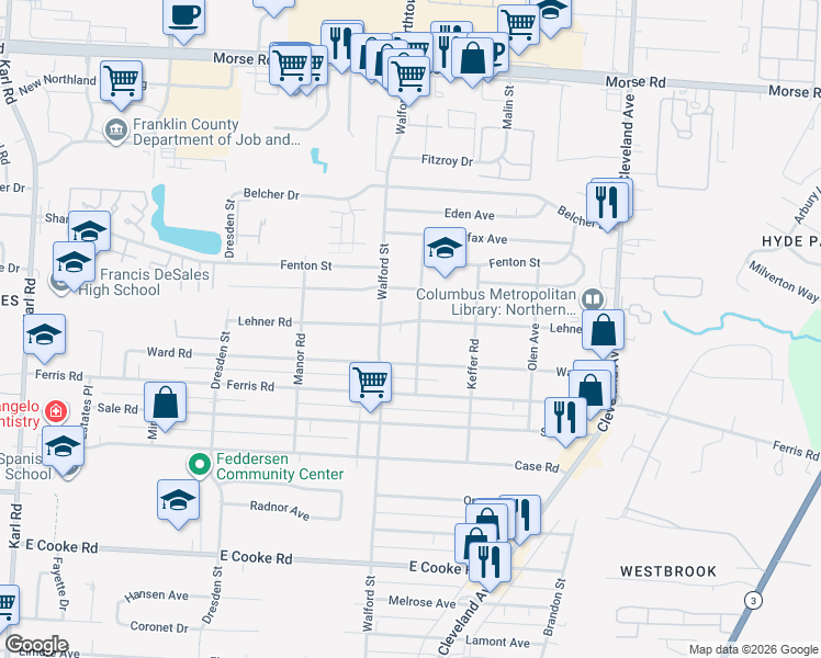 map of restaurants, bars, coffee shops, grocery stores, and more near 2044 Ward Road in Columbus