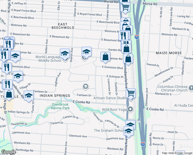 map of restaurants, bars, coffee shops, grocery stores, and more near 4299 Colerain Avenue in Columbus