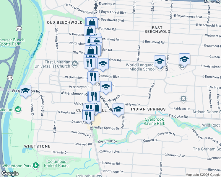 map of restaurants, bars, coffee shops, grocery stores, and more near 50 East Henderson Road in Columbus