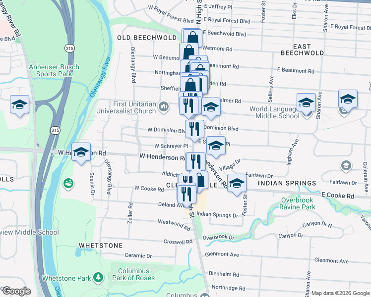 map of restaurants, bars, coffee shops, grocery stores, and more near 8 West Henderson Road in Columbus