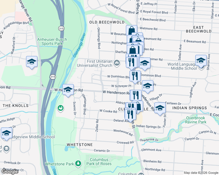 map of restaurants, bars, coffee shops, grocery stores, and more near 117 West Henderson Road in Columbus