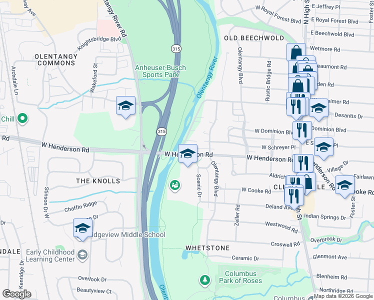 map of restaurants, bars, coffee shops, grocery stores, and more near 4405 Scenic Drive in Columbus